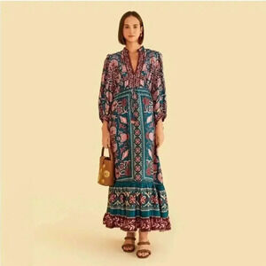 Farm Rio Teal seashell tapestry lenzing™ ecovero™ viscose maxi dress Size S